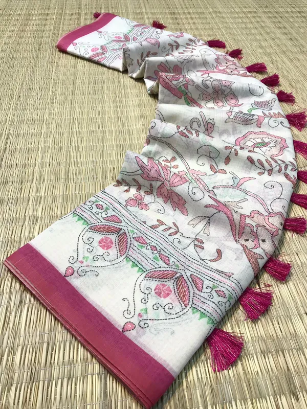 white_&_Pink_Pure_Malai_Cotton_Sarees_With_Katha_Print_Work_With_Blouse_Piece_Attached